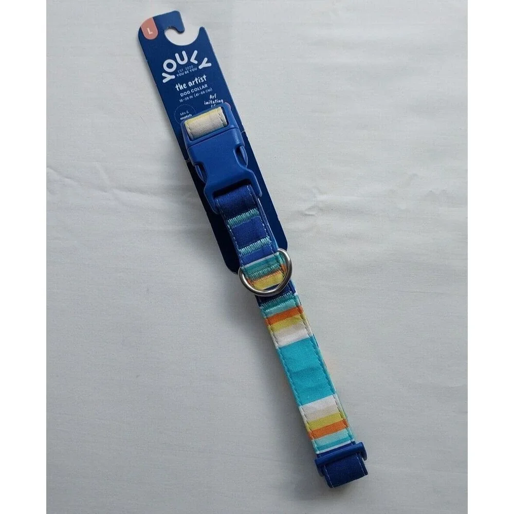 Youly The Artist Dog Collar Blue Orange Stripe Large Beachy NWT Adjustable